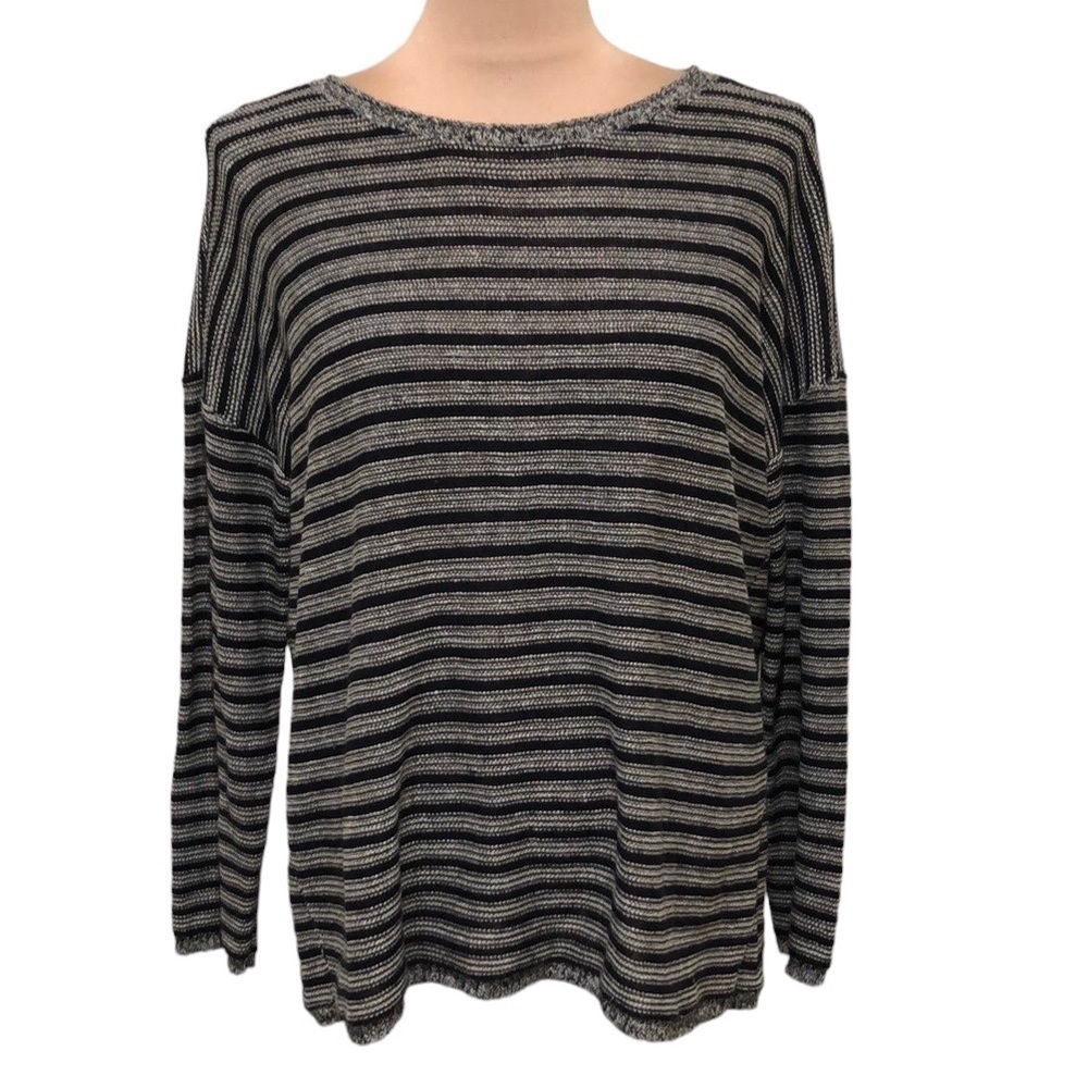 Eileen Fisher Sweater Size Small Black Cream Striped Wool Linen Blend
